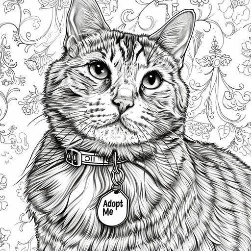 A close-up of a cat with an 'Adopt Me' tag. Coloring book page