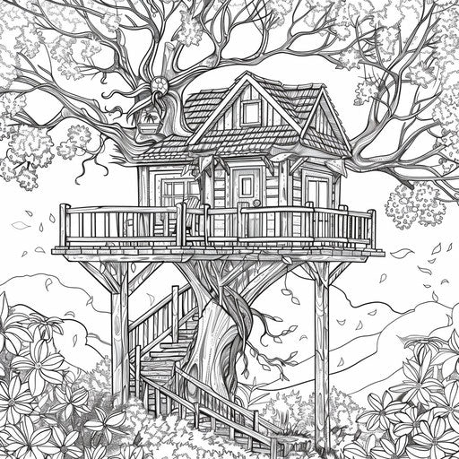 Treehouse surrounded by blooming trees