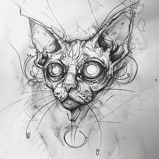 Whimsical flat tattoo sketch of an enigmatic cat with hypnotic eyes