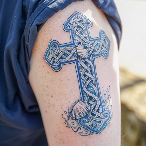 Nautical-themed Celtic cross tattoo