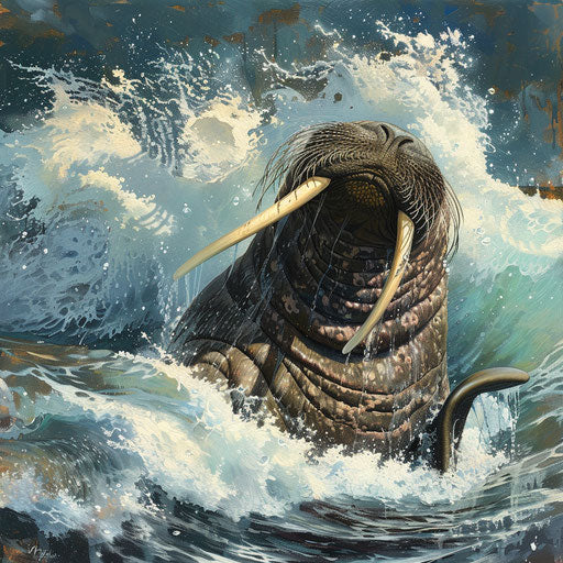 The powerful walrus seal emerging from the ocean, water cascading off its tusks