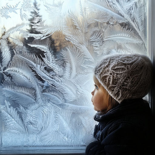 Icy window, child peeking at snowy landscape