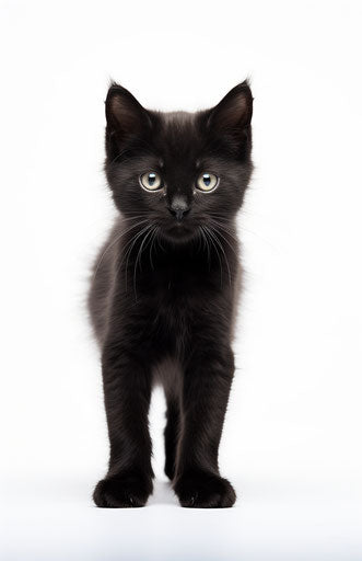 Black kitten walks on white background, darkly comedic 11:17