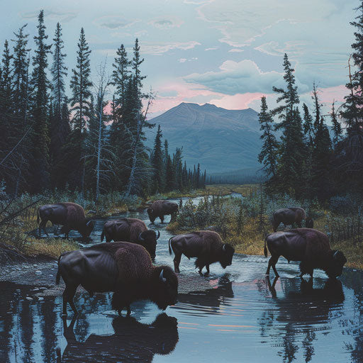 Tranquil riverside in Alaska, wood bison herd at dusk