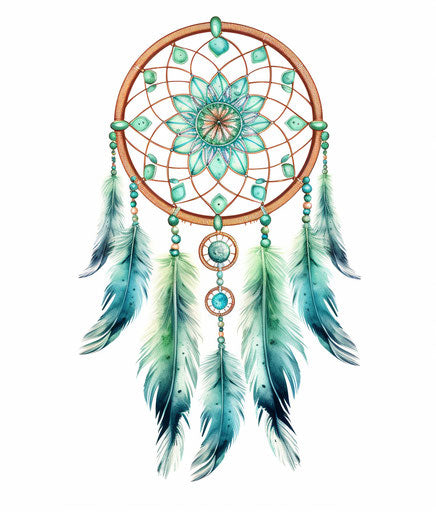 Dream catcher with green feathers and dots on white background