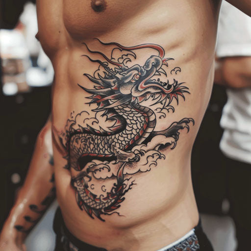 Men's rib tattoos, bold outlines, Ed Hardy style