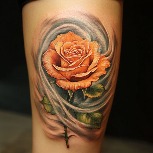 Rose tattoos for women with swirling mist around the flower in the style of Glenn Fabry