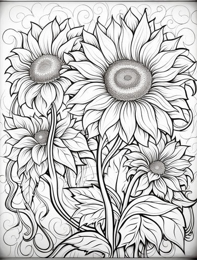Sunflowers, flowers and leaves at adult coloring page