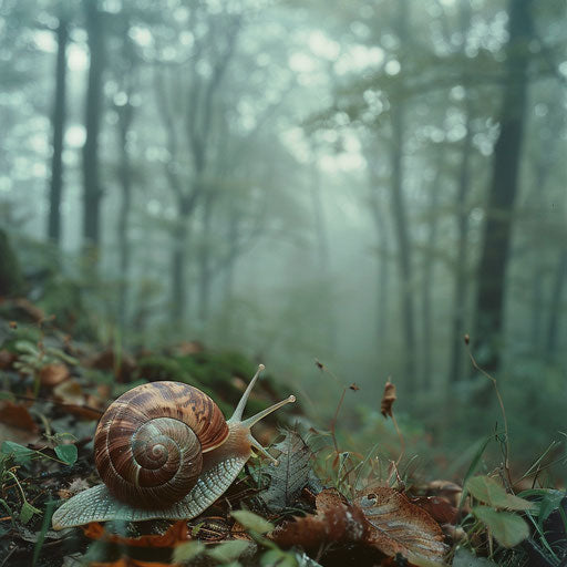 Snail in misty woods in the style of Frans Lanting