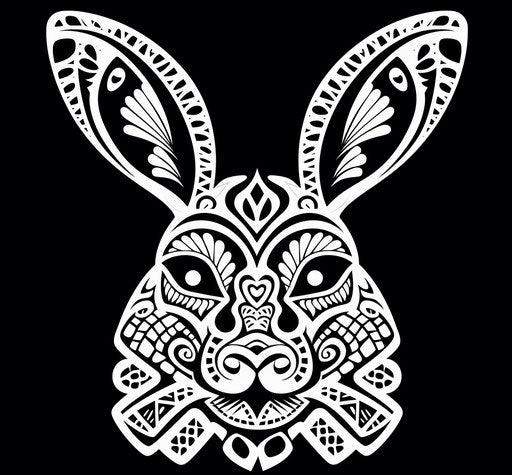 Black and white rabbit illustration for coloring, anthropological, geometric style 64:59