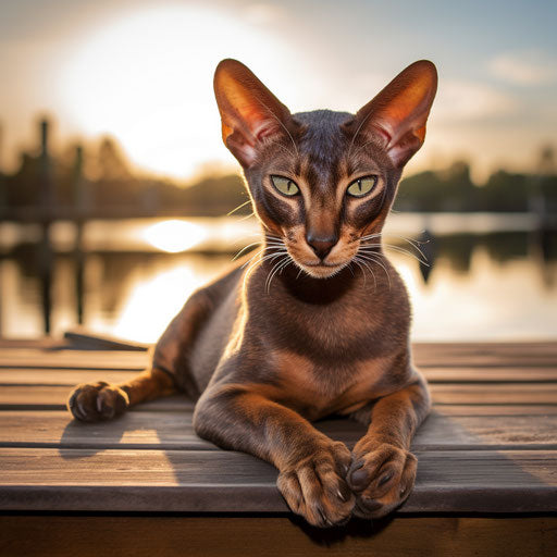 Oriental shorthair cat lying on a dock
