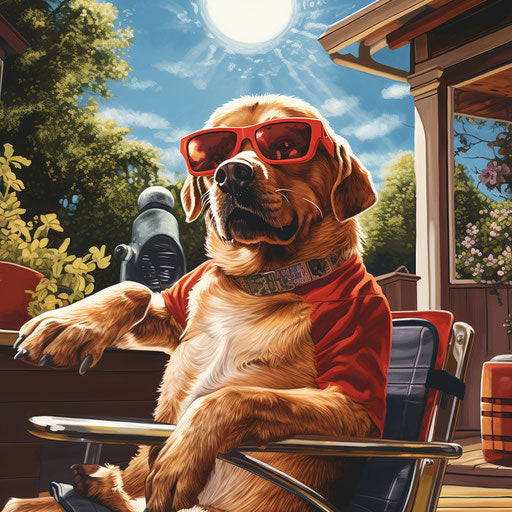 Canine in red sunglasses on grassy veranda, hip-hop inspired style, youthful energy, dark and white, made of all of the above, spacepunk light