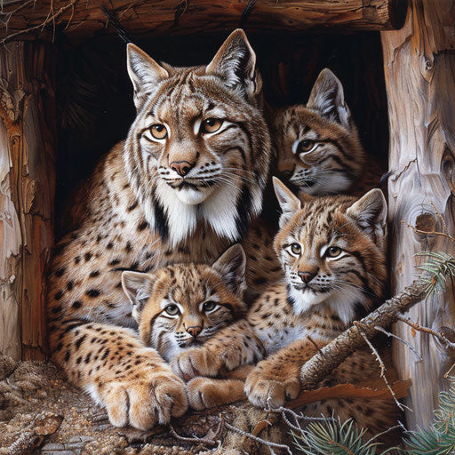 Lynx and cubs cuddled in a cozy den