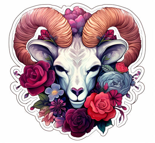 Flower head on a ram on white background, chicano-inspired art style, sublime nature