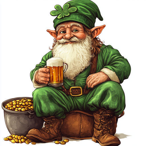 St. Patrick's Day dwarf drinking beer, pot of gold, Irish flag