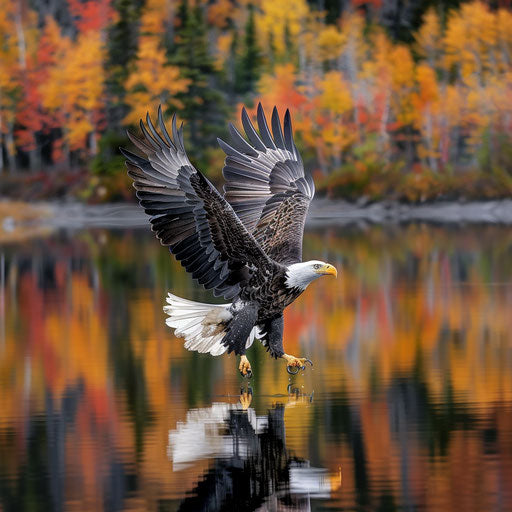 Bald eagle diving to water, autumn mountain scene