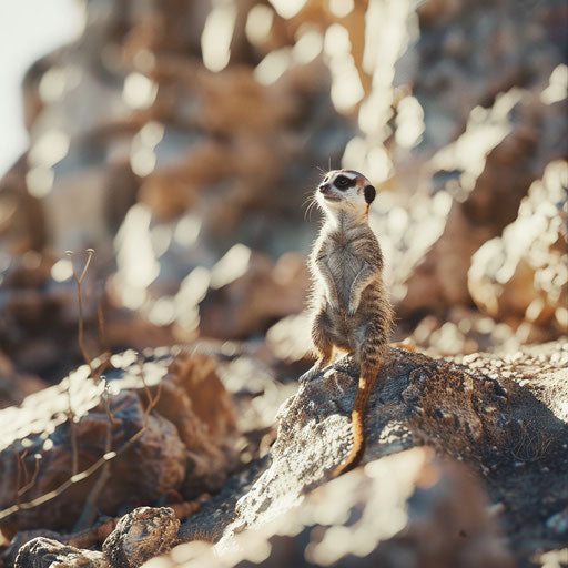 Meerkat exploring rocky terrain, natural light