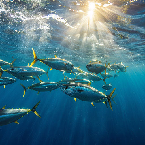 School of yellowfin tuna swimming gracefully in the ocean