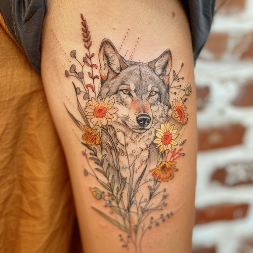 Wildflower tattoo with wolf, earthy tones, dynamic pose, nature scene