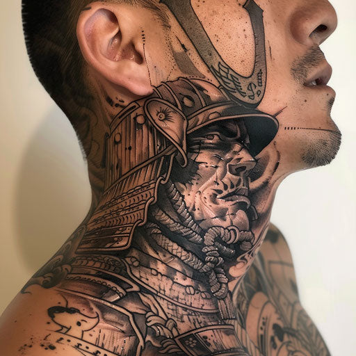 Side neck tattoos of a samurai warrior, in the style of Ami James