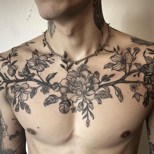 Men's chest tattoo with detailed botanical illustrations