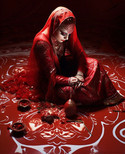 Red woman sitting on a tile floor with henna on her face