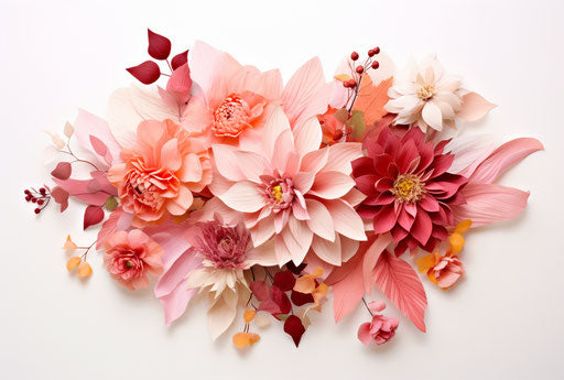 Bouquet of flower petals and blossoms on white background