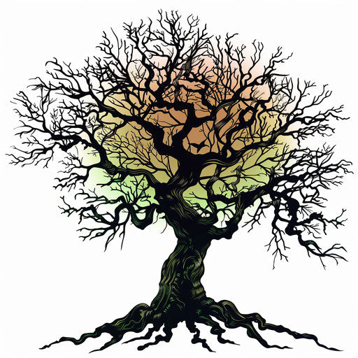 Flat tattoo sketch in clipart style, a silhouette of a tree with intricate branches, shaded in greens and browns