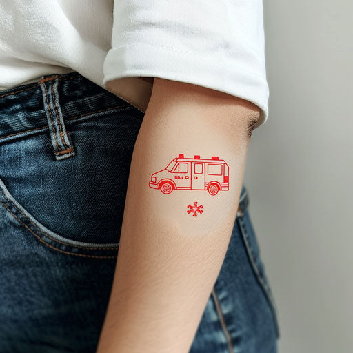 Modern flat tattoo sketch of an ambulance in a minimalist white and red design