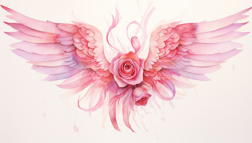 Watercolor rose with wings on the heart, greeting card design
