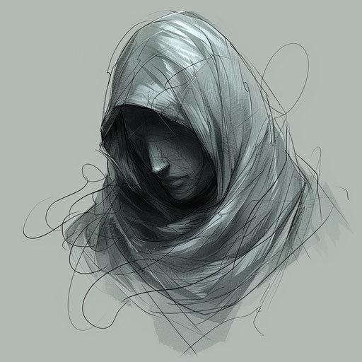 Elegant flat tattoo sketch of a mysterious hooded figure