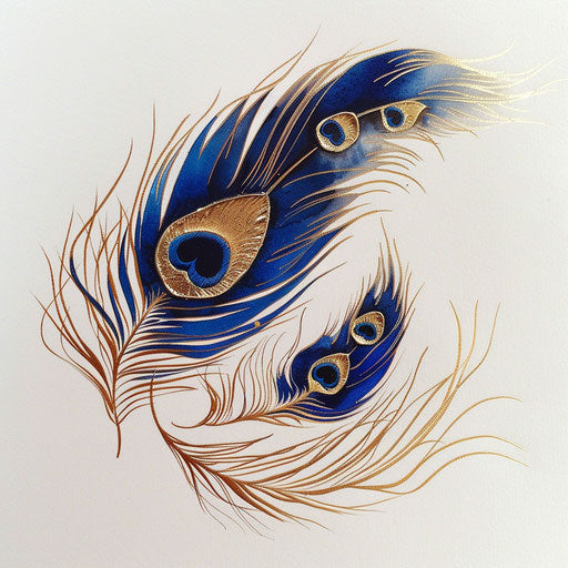 Elegant peacock feather tattoo sketch with gold foil elements