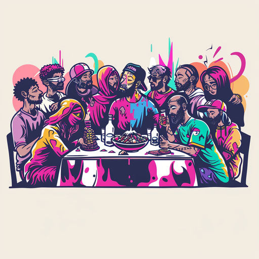 The Last Supper in playful colorful cartoon tattoo style