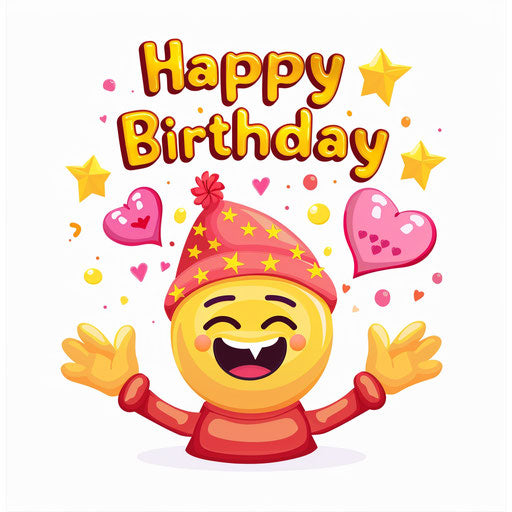 Happy Birthday emoji in yellow celebrating birthday party on white