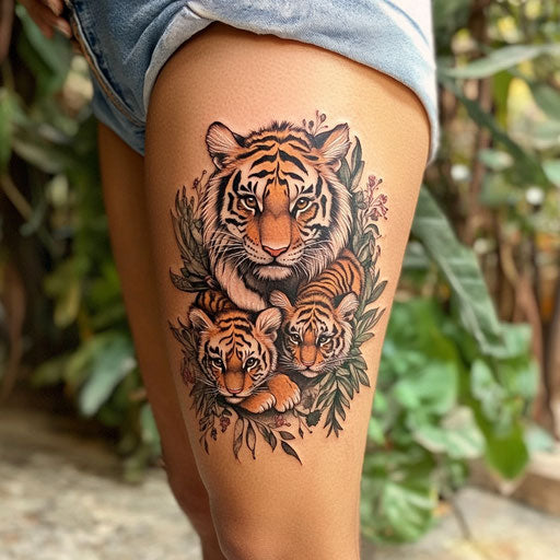Mother tattoo with fierce tiger protecting cubs