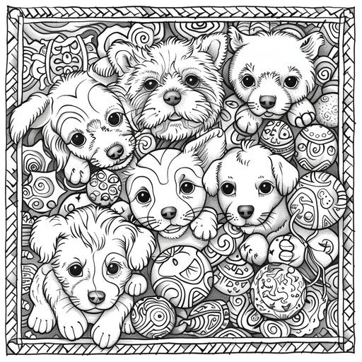 Design of puppies playing with toys