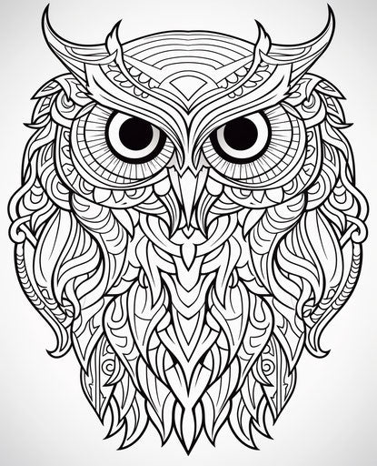 Sophisticated adult coloring page of an owl, realistic yet stylized