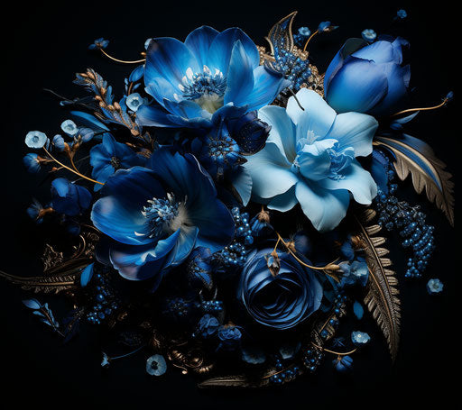 Blue flowers in the style of infused symbolism, dark aquamarine, bloomcore 19:17