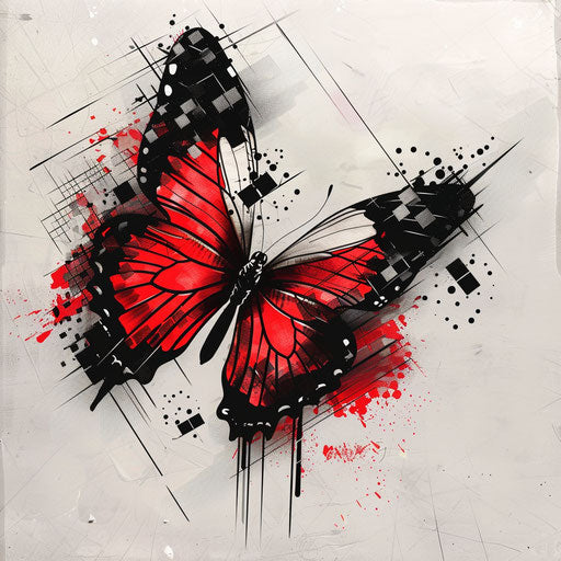 Red butterfly with pixelated wings in a digital art tattoo sketch