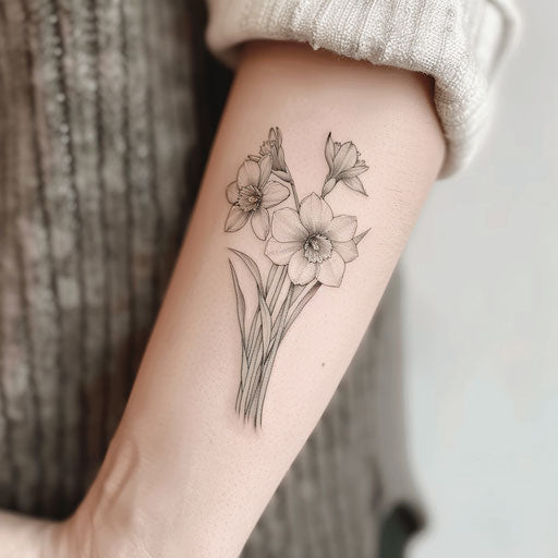 Single needle Narcissus tattoo design, delicate details and soft shading on white background