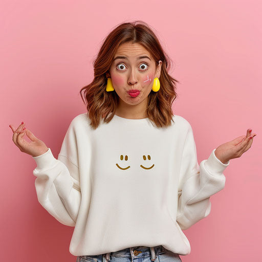 Confused girl with emoji, white sweatshirt, pink background