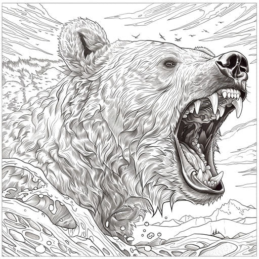 Detailed illustration of a roaring brown bear with a majestic background
