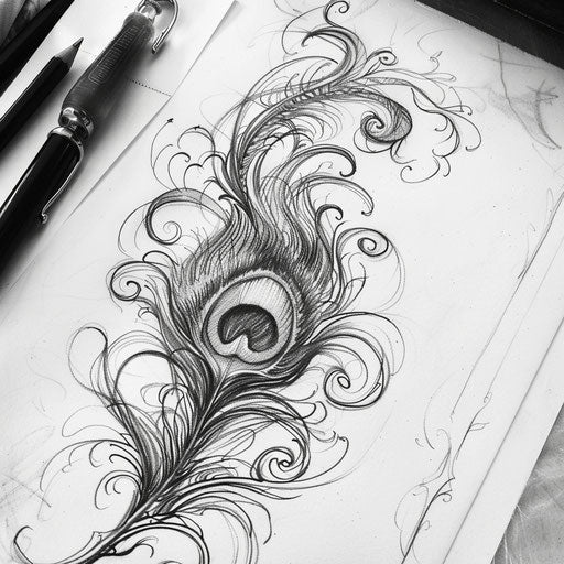 Renaissance-inspired peacock feather tattoo sketch with fine art elements and classical beauty