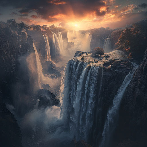 Victoria Falls with moody atmosphere and powerful flow in the style of Marc Adamus