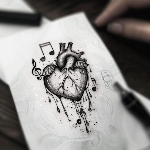 Flat tattoo sketch of a heart crying musical notes, combining sorrow and melody