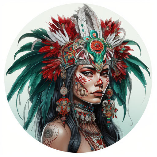 Woman with skull tattoo, Indian pop style, emerald and crimson