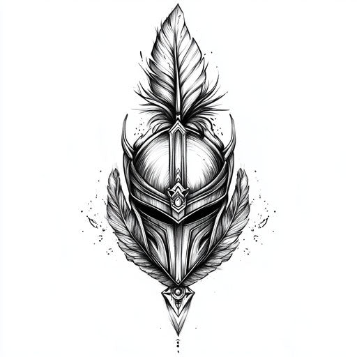 Flat tattoo sketch of knight helmet with plume on white background