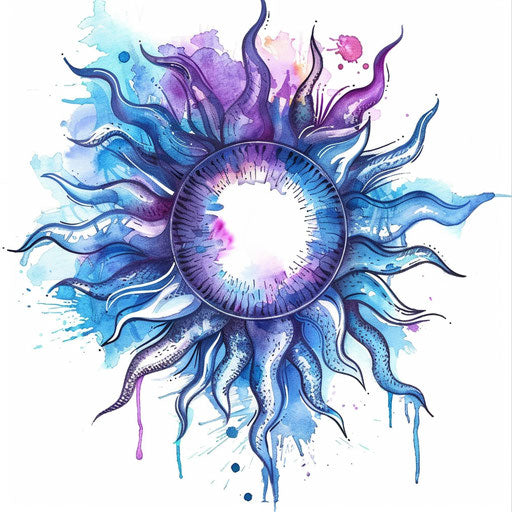 Sketch of vivid blue and purple rising sun tattoo with watercolor effects in flat style