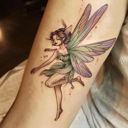 Enchanting neo-traditional tattoo of a fairy with shimmering wings, set on a pure white background