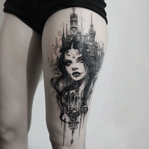 Leg tattoos for women inspired by Gerald Brom with gothic, mystical elements